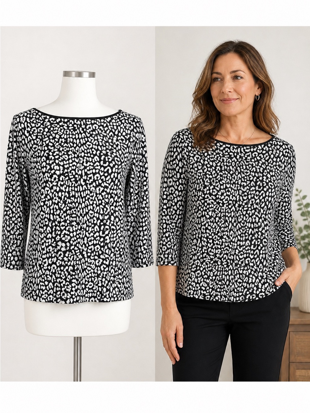 Lands’ End Black & White Leopard Print Top | Stretch Knit | 3/4 Sleeve | M/L